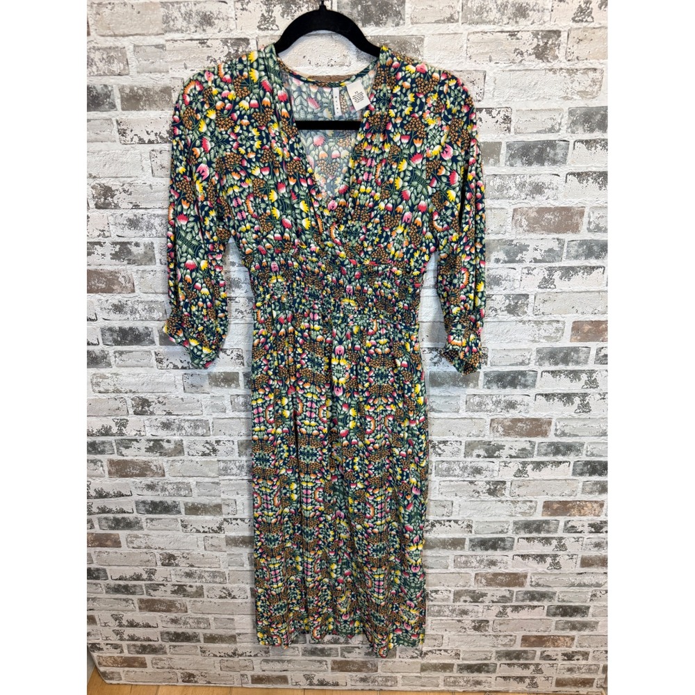 Evie Midi Dress Womens XS Navy Blue Floral Smocked Waist 3/4 Sleeve Rayon Boho